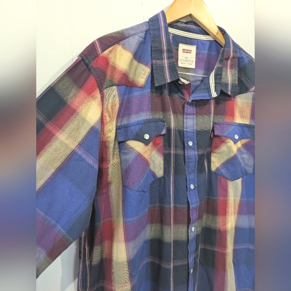 Levis Pearlsnap Western Plaid Button Down Shirt Blue Red size XXL Classic - Picture 2 of 6